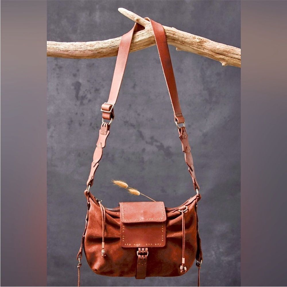 Free People We The Free Suede Leather Silvie Studded Sling Cognac Brown Bag NWT